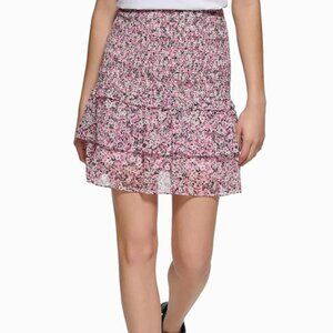 Karl Lagerfeld Paris Chiffon Smocked Mini Skirt Purple Floral Print